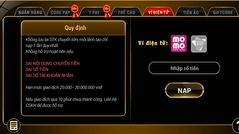 Nạp tiền vào HitClub qua ví điện tử Momo
