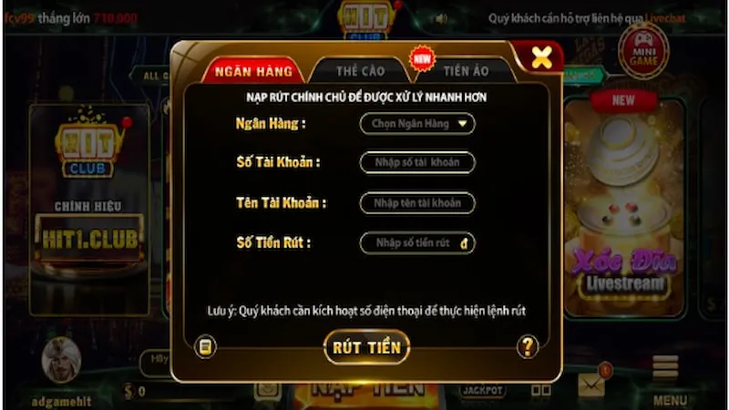 Rút tiền tại nhà cái Hit Club qua tài khoản nhân hàng cá nhân